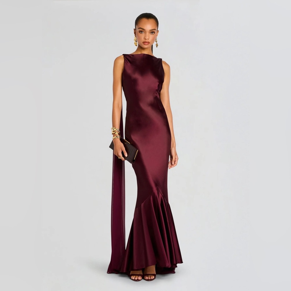 Retrofete Julia Port Burgundy Red Draped Train Backless Satin Dress